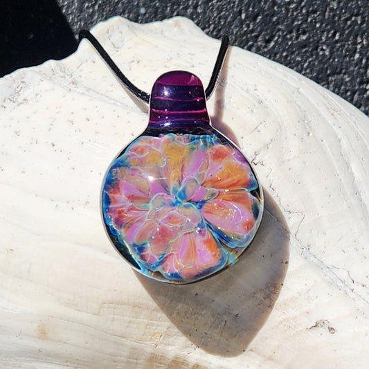 Handmade Iridescent Glass Pendant Necklace with Purple Loop