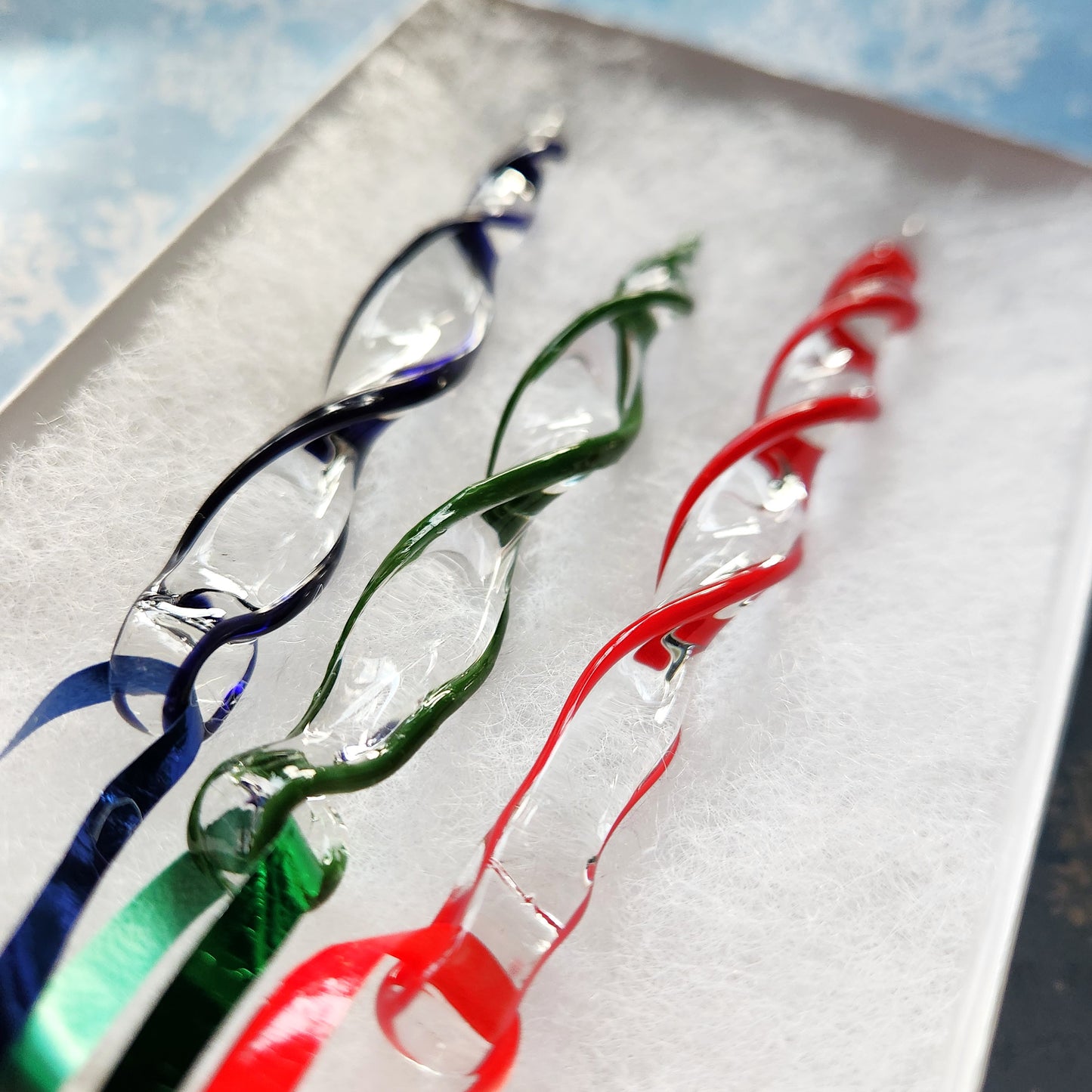 Red Blue and Green Handmade Glass Ornaments