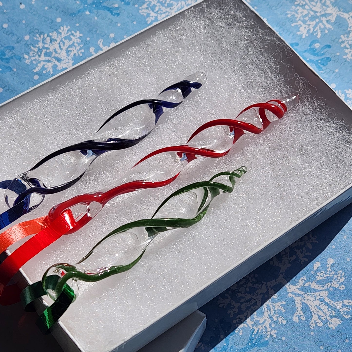 Red Blue and Green Handmade Glass Ornaments