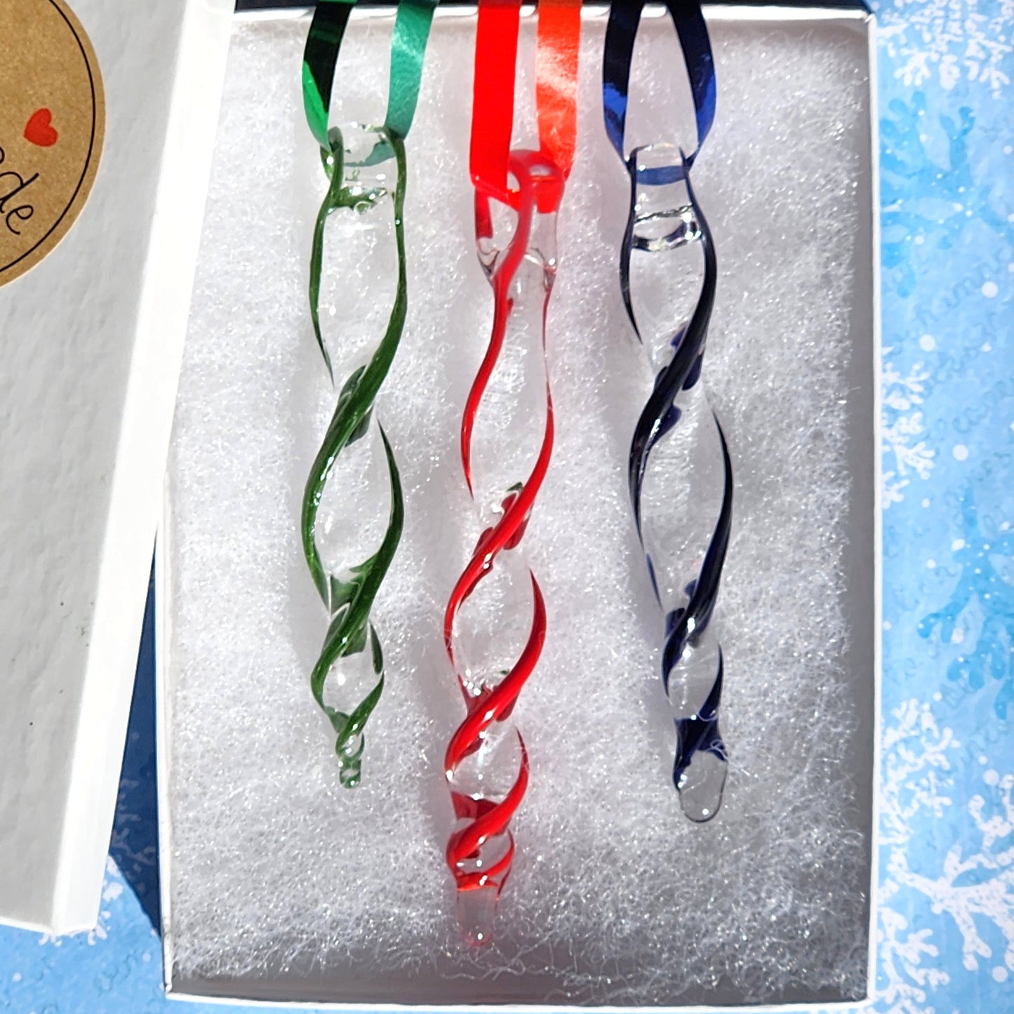 Red Blue and Green Handmade Glass Ornaments