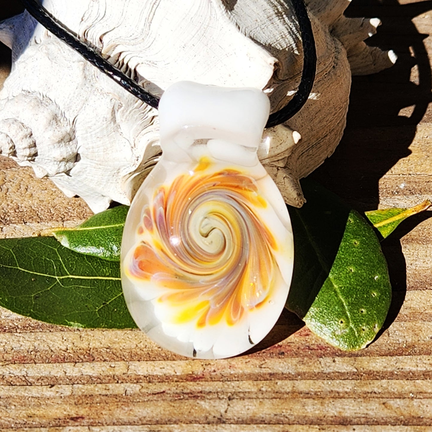Handmade Cream & Amber Swirl Glass Pendant Necklace