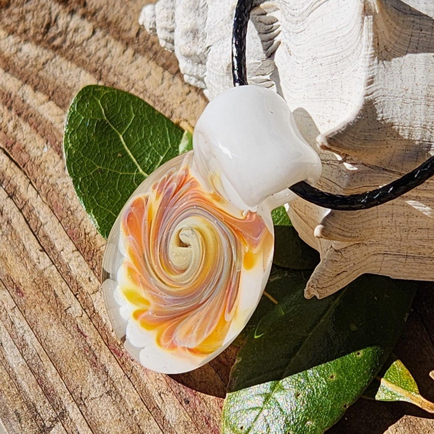 Handmade Cream & Amber Swirl Glass Pendant Necklace