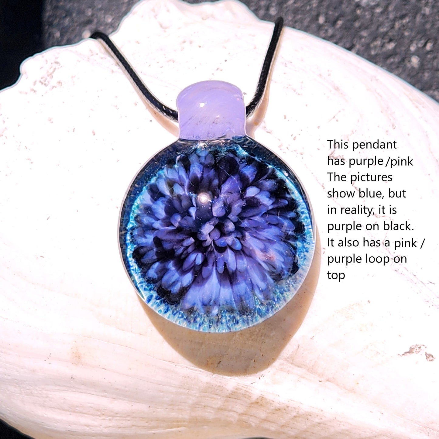 Purple Pink Borosilicate Glass Pendant Necklace with description