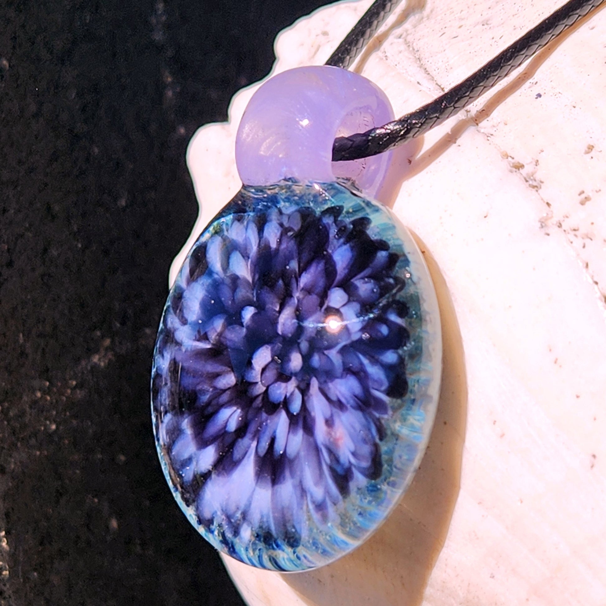 Purple Pink Borosilicate Glass Pendant Necklace on shell