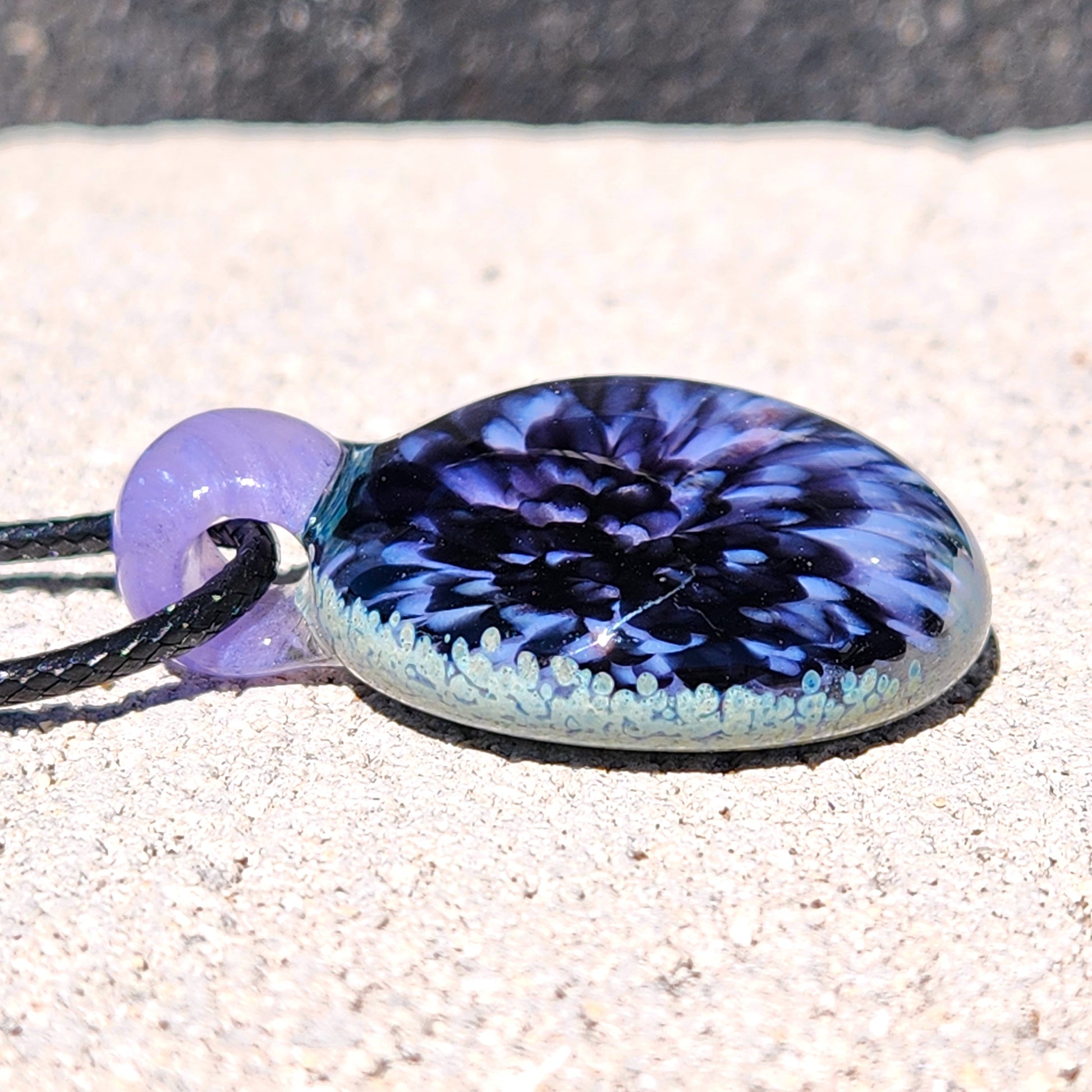 Side view of Purple Pink Borosilicate Glass Pendant Necklace