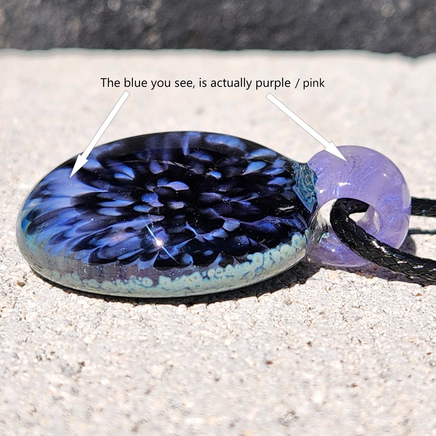 Close-up of Purple Pink Borosilicate Glass Pendant Necklace