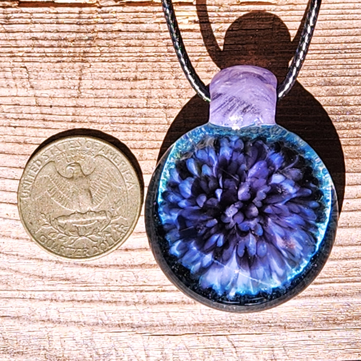 Purple Pink Borosilicate Glass Pendant Necklace with coin for scale