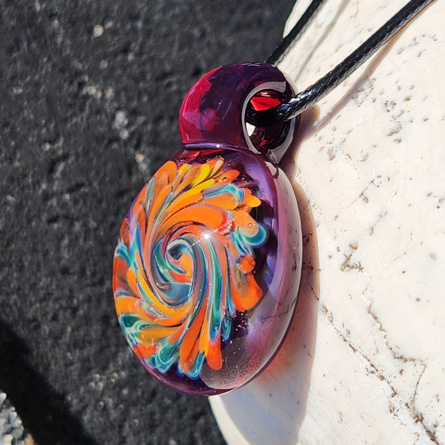 Glass Pendant Necklace – Colorful Swirl Art on Purple Background