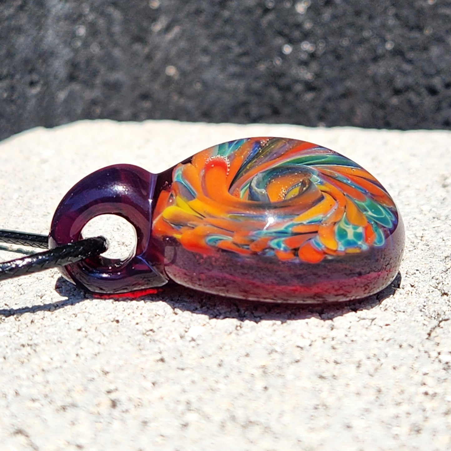 Glass Pendant Necklace – Colorful Swirl Art on Purple Background