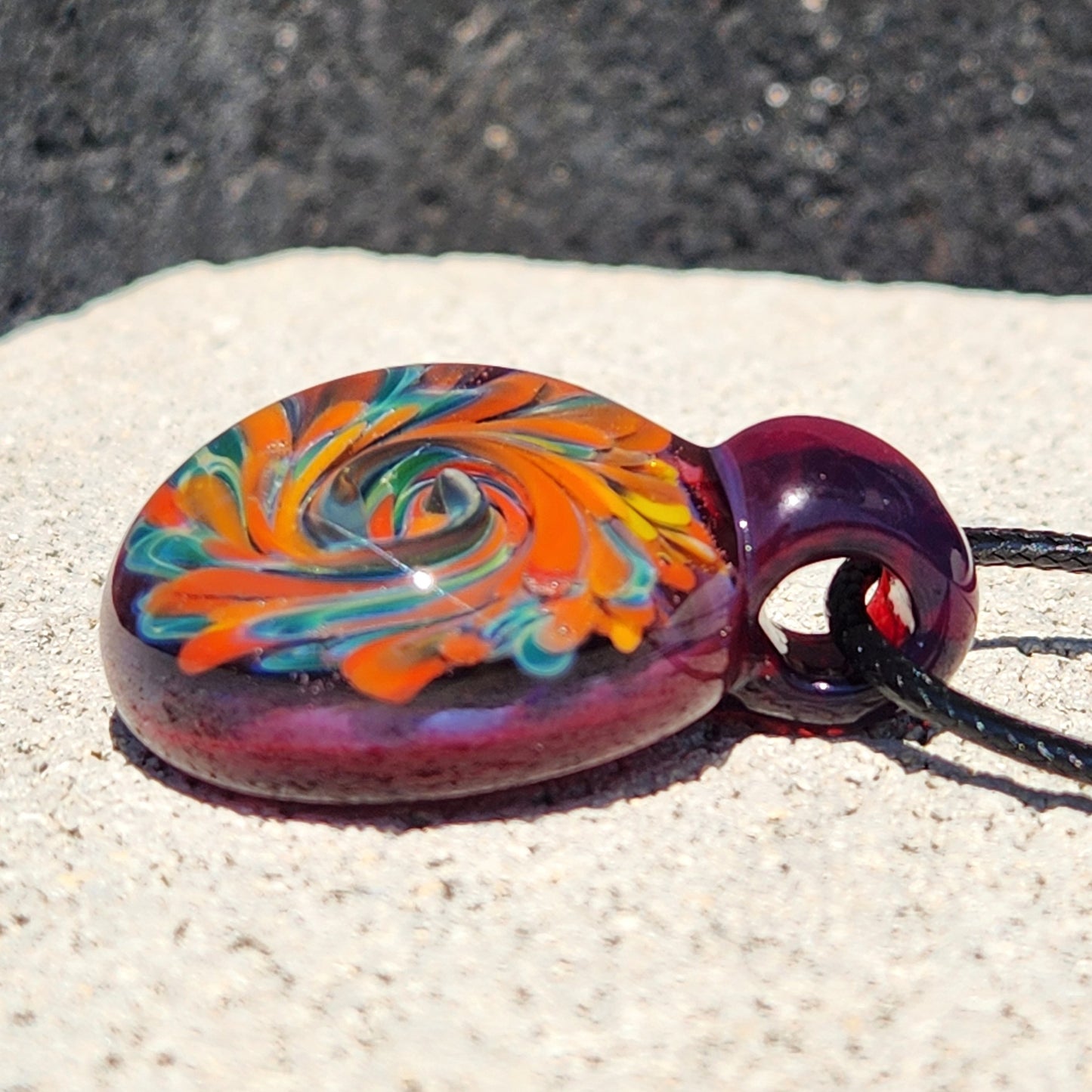 Glass Pendant Necklace – Colorful Swirl Art on Purple Background