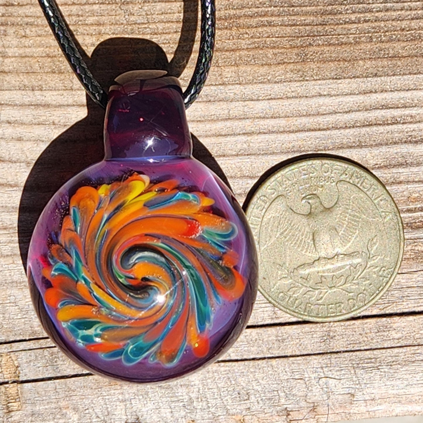Glass Pendant Necklace – Colorful Swirl Art on Purple Background