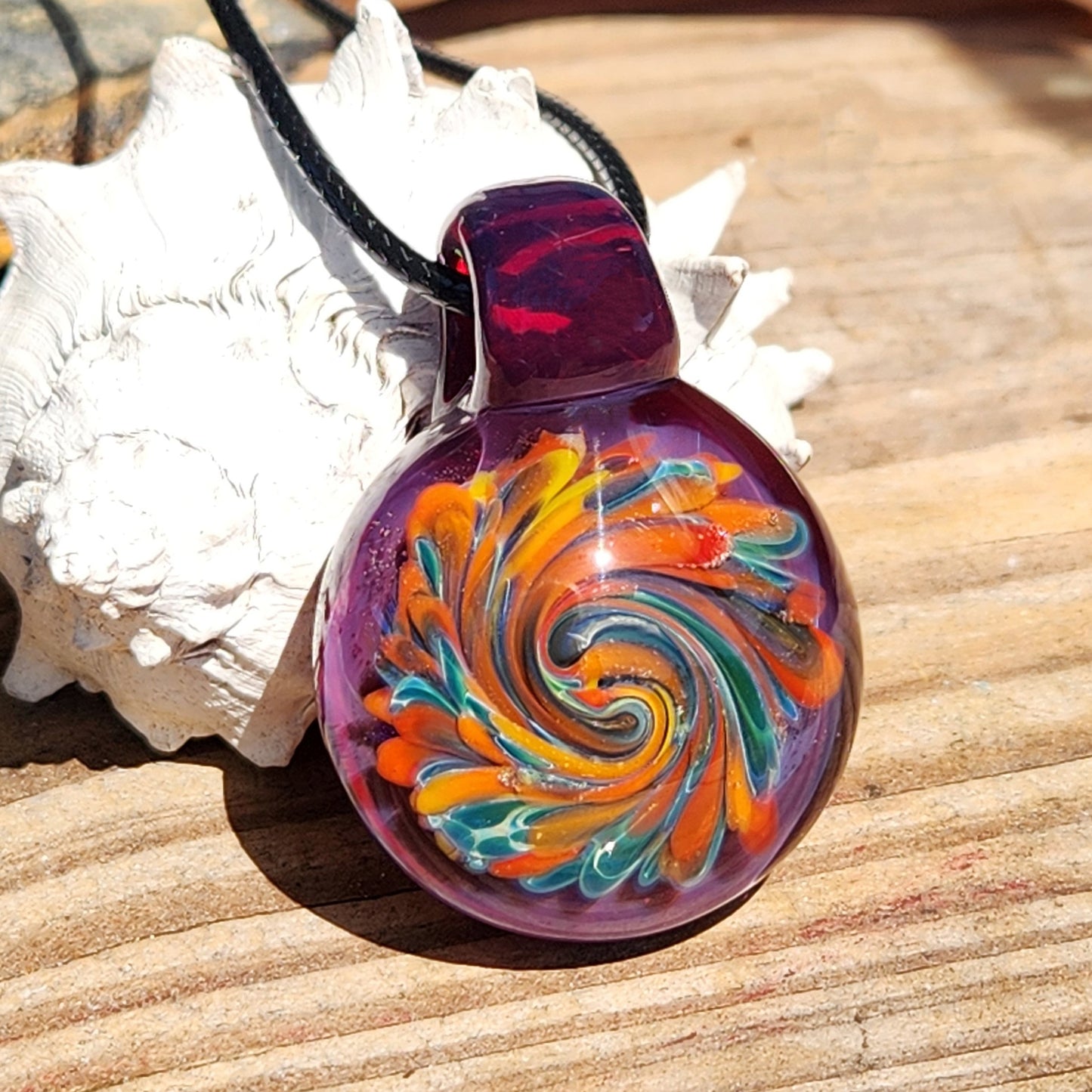 Glass Pendant Necklace – Colorful Swirl Art on Purple Background