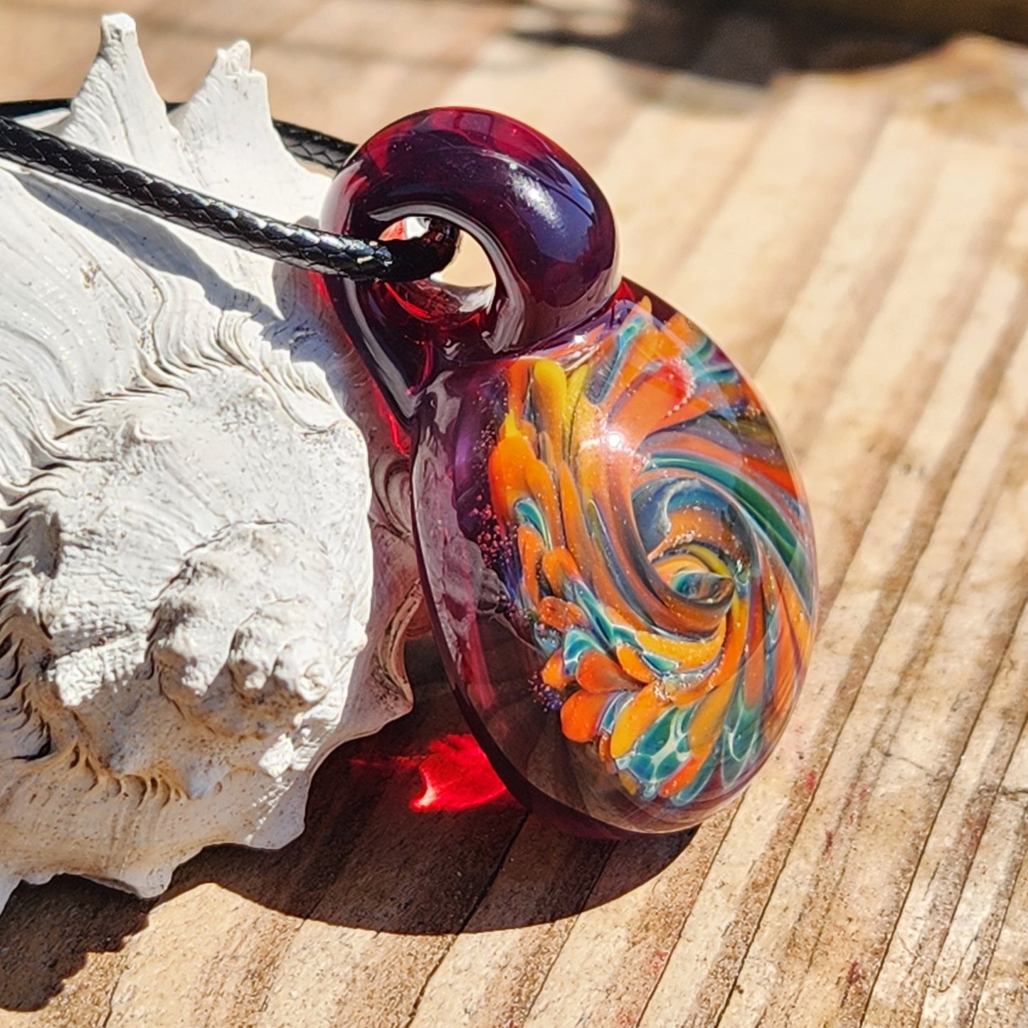 Glass Pendant Necklace – Colorful Swirl Art on Purple Background