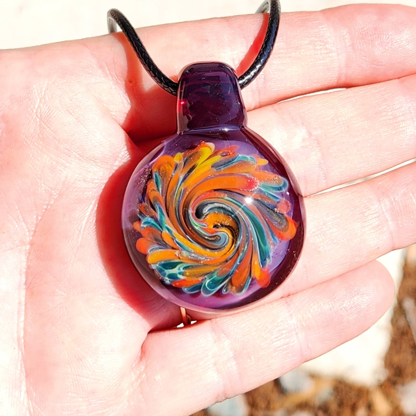 Glass Pendant Necklace – Colorful Swirl Art on Purple Background
