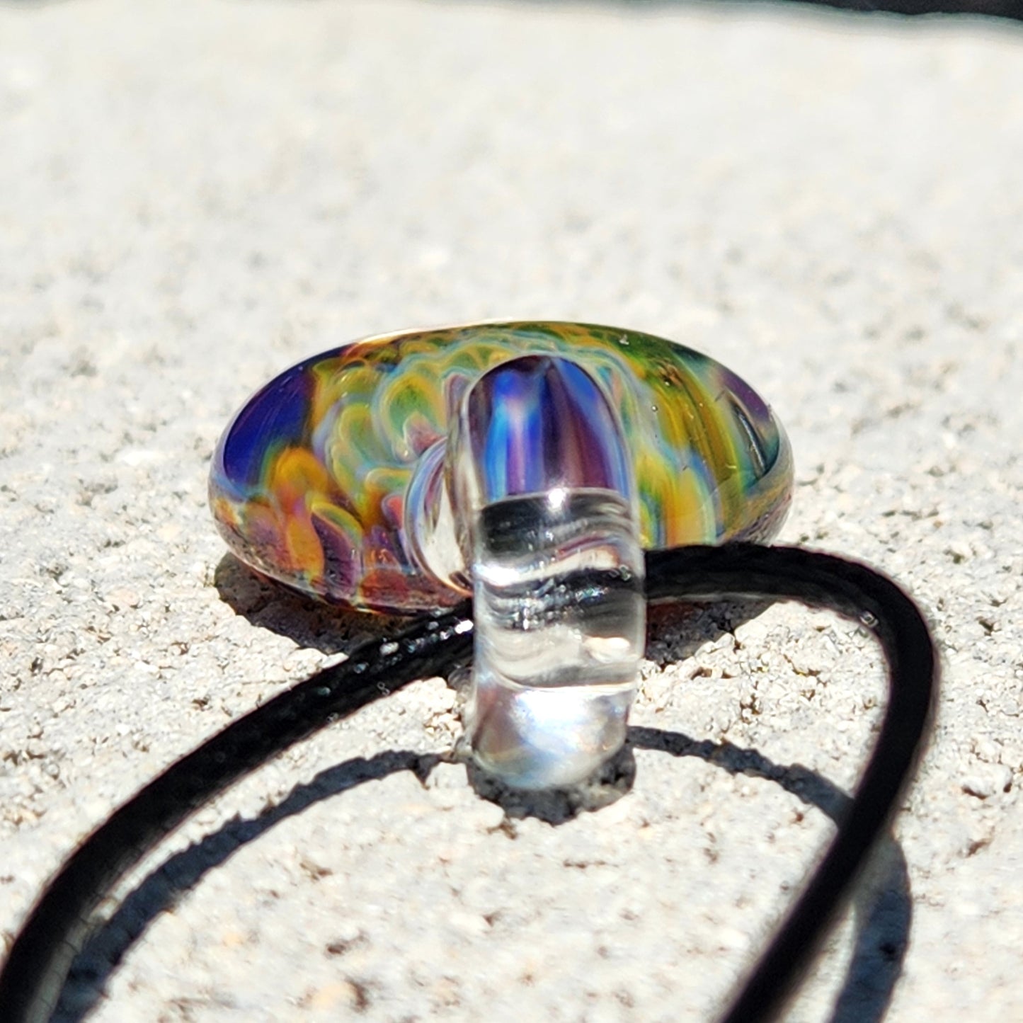 Multicolor handmade glass pendant necklace with black cord