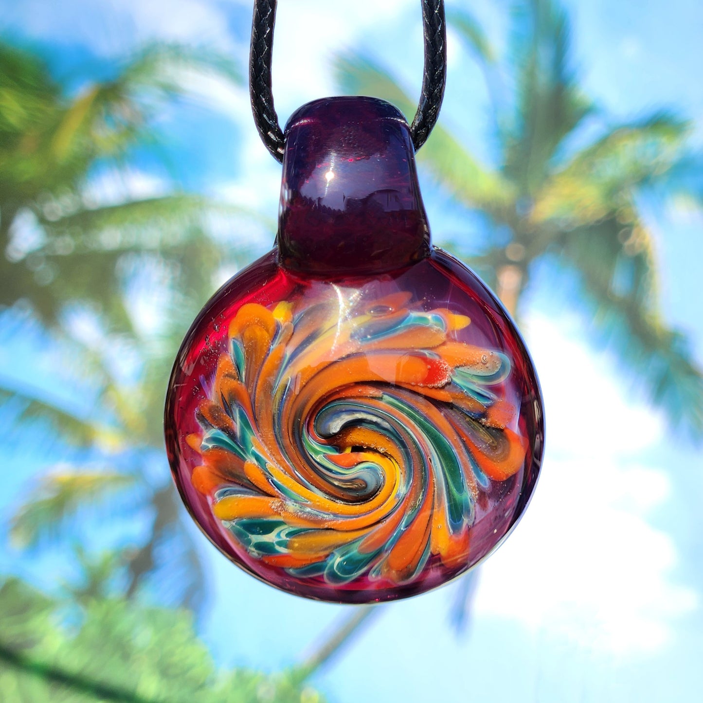 Glass Pendant Necklace – Colorful Swirl Art on Purple Background