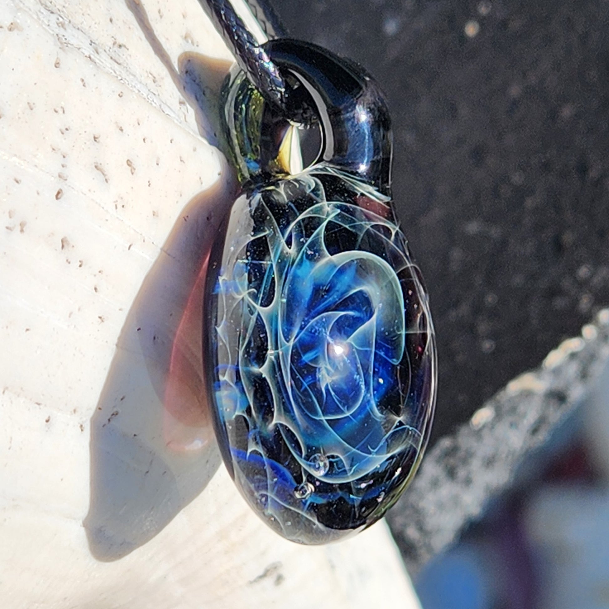 Deep Blue Silver Fumed Glass Pendant Necklace with black cord