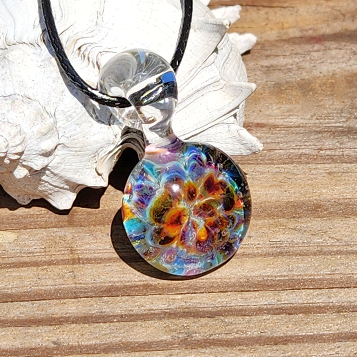 Tiny purple glass pendant with colorful swirling patterns, handmade blown glass jewelry, small size, gift-ready, SKU: Maly 116