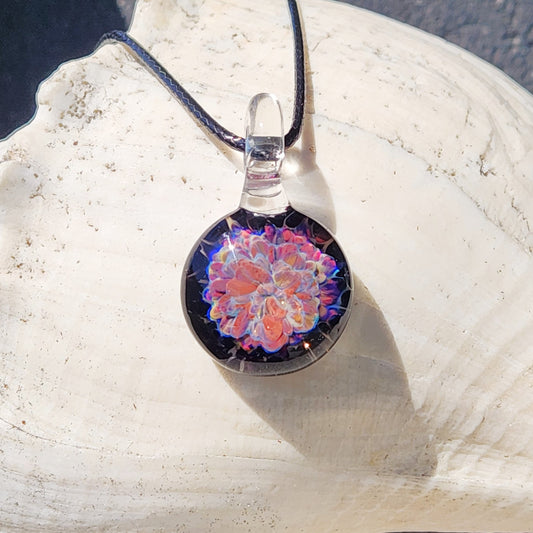Handmade glass pendant necklace with colorful floral pattern, lightweight borosilicate glass, small size, perfect for gift-giving