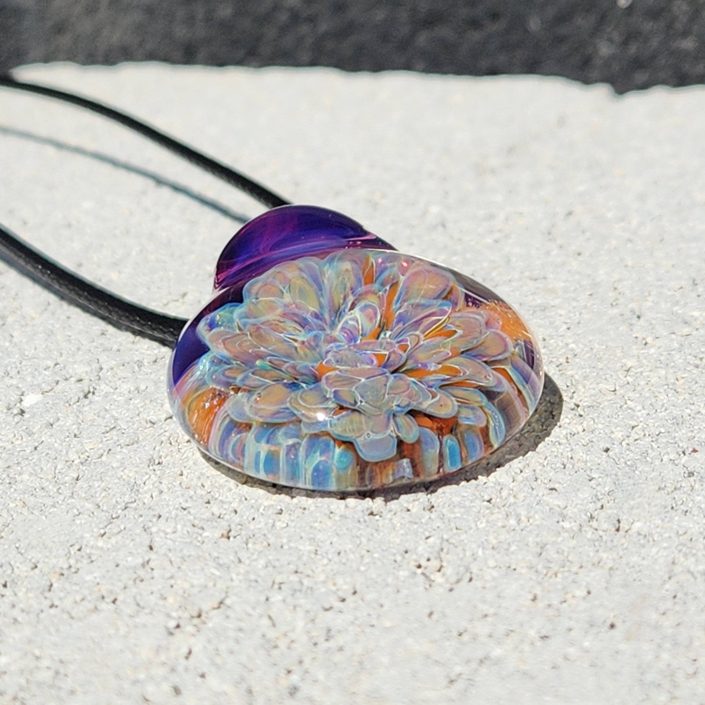 Blown Glass Pendant Necklace. Splash with Purple Trippy glass pendant DragonFireGlass