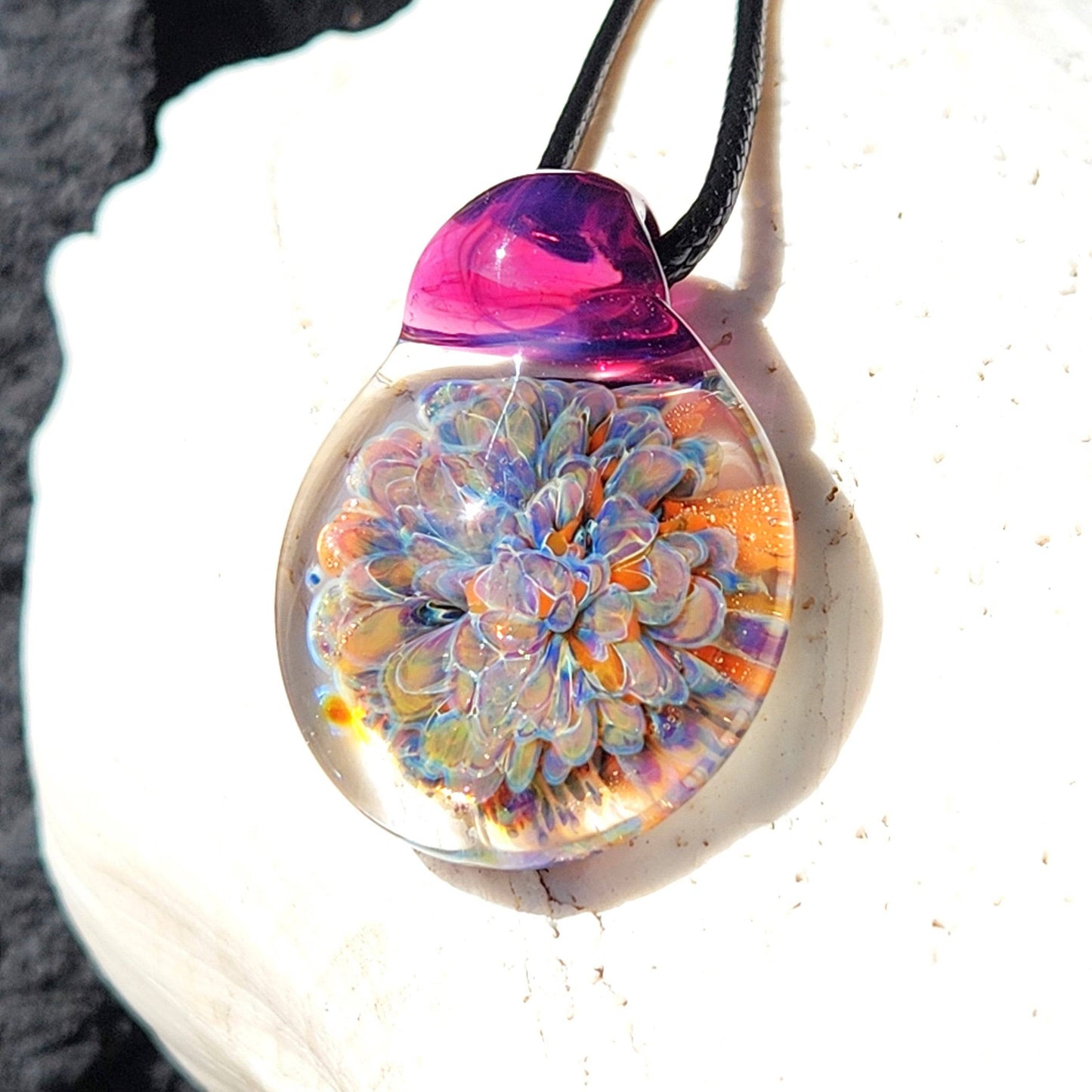 Blown Glass Pendant Necklace. Splash with Purple Trippy glass pendant DragonFireGlass