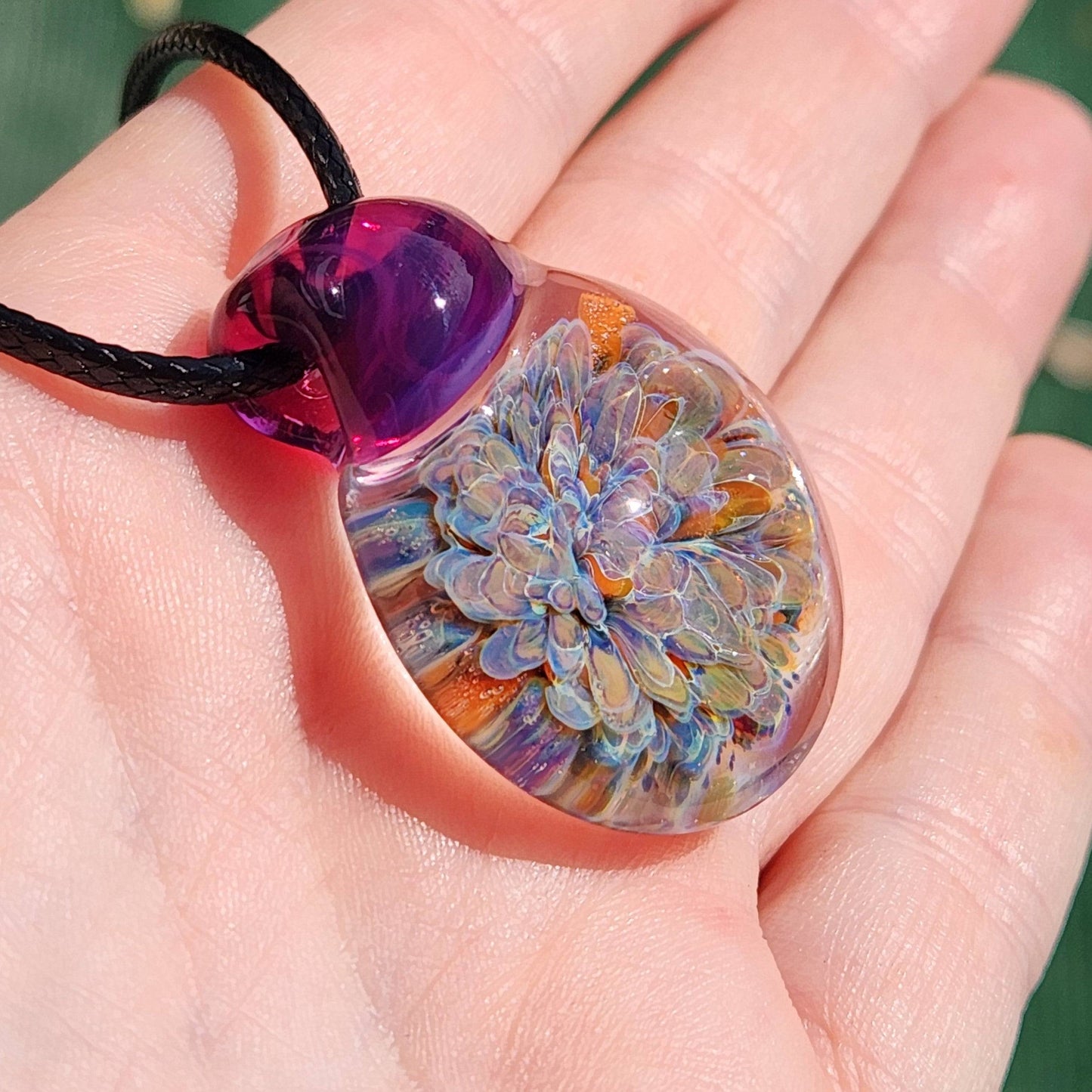 Blown Glass Pendant Necklace. Splash with Purple Trippy glass pendant DragonFireGlass