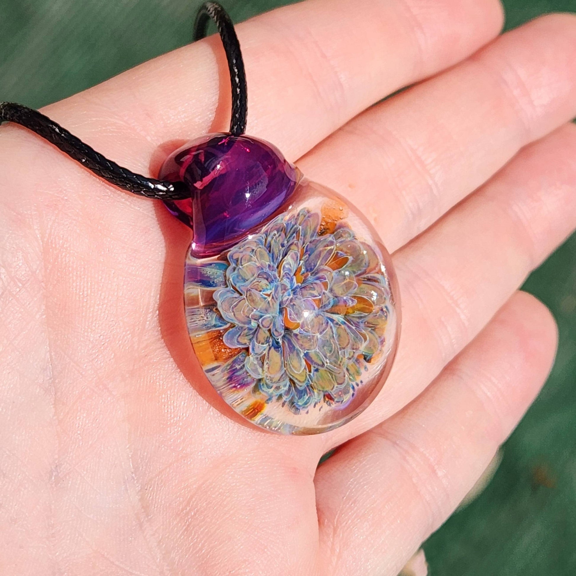 Blown Glass Pendant Necklace. Splash with Purple Trippy glass pendant DragonFireGlass
