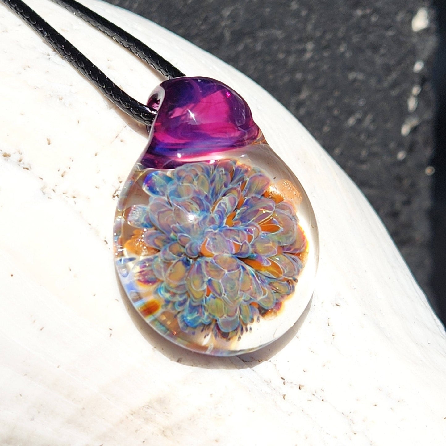 Blown Glass Pendant Necklace. Splash with Purple Trippy glass pendant DragonFireGlass