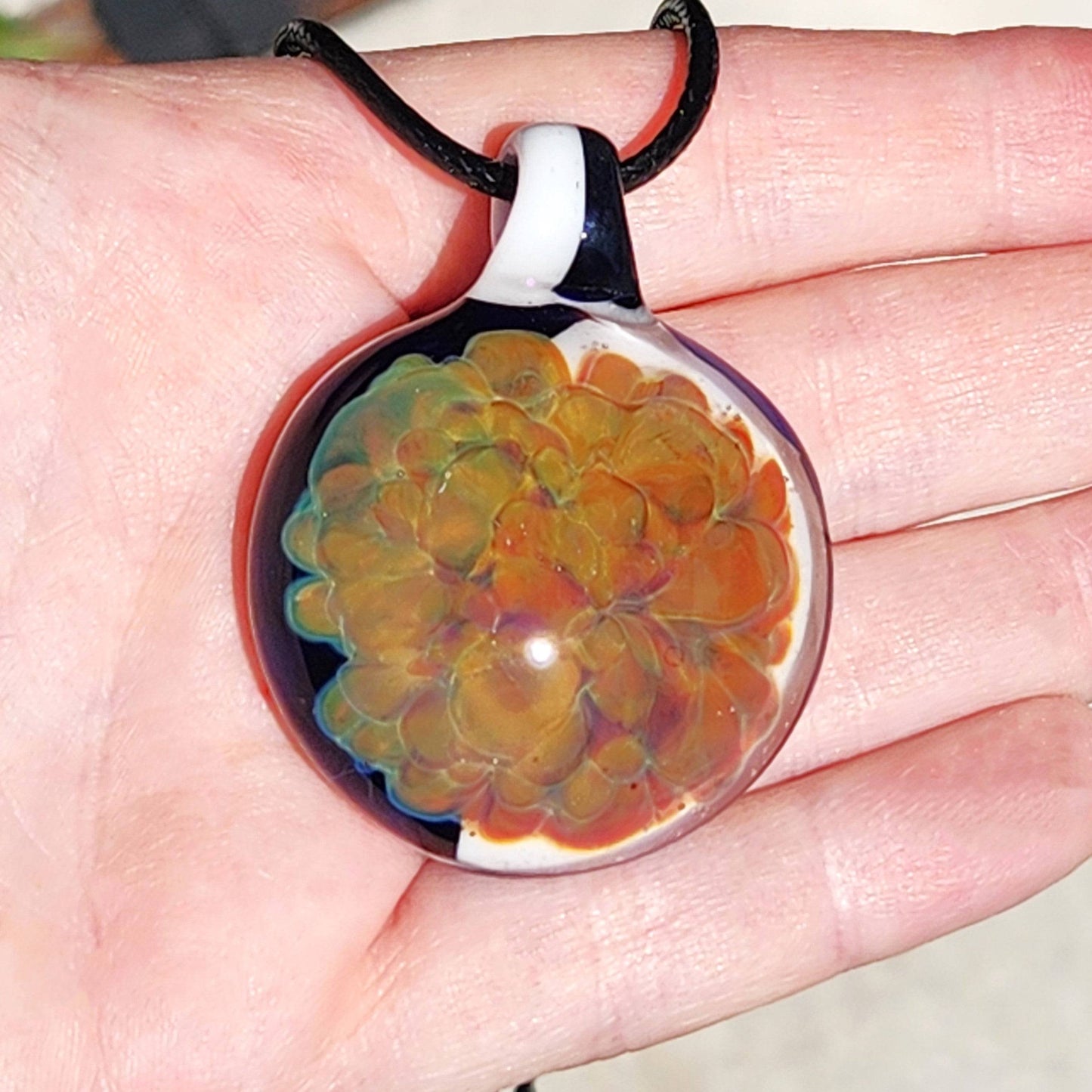 Hand Blown Glass Pendant Necklace. Splash of yellow and Purple DragonFireGlass