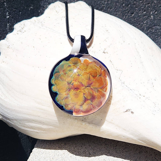 Hand Blown Glass Pendant Necklace. Splash of yellow and Purple DragonFireGlass