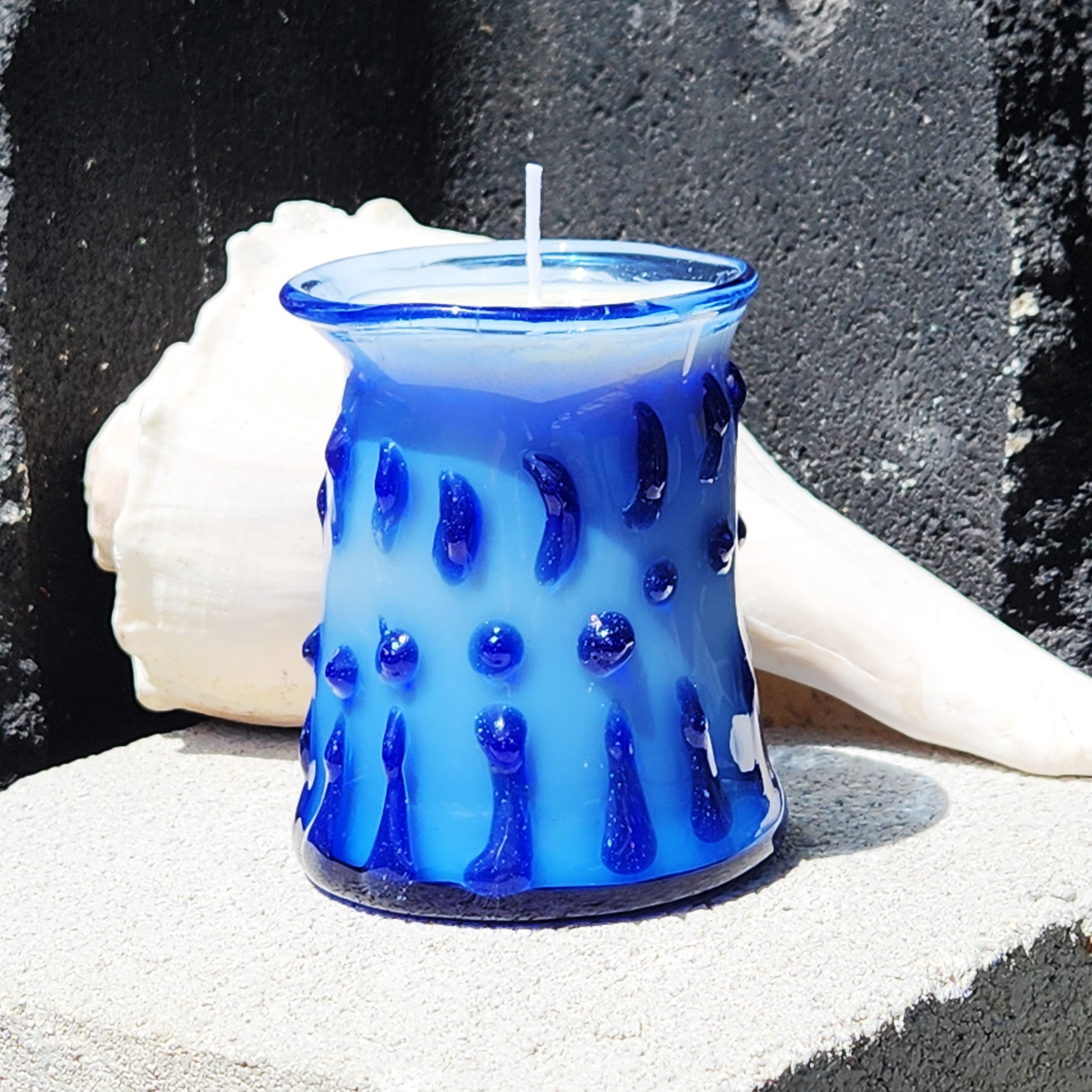 Handcrafted Blue Blown Borosilicate Glass Candle Holder with Soy Wax Candle DragonFireGlass