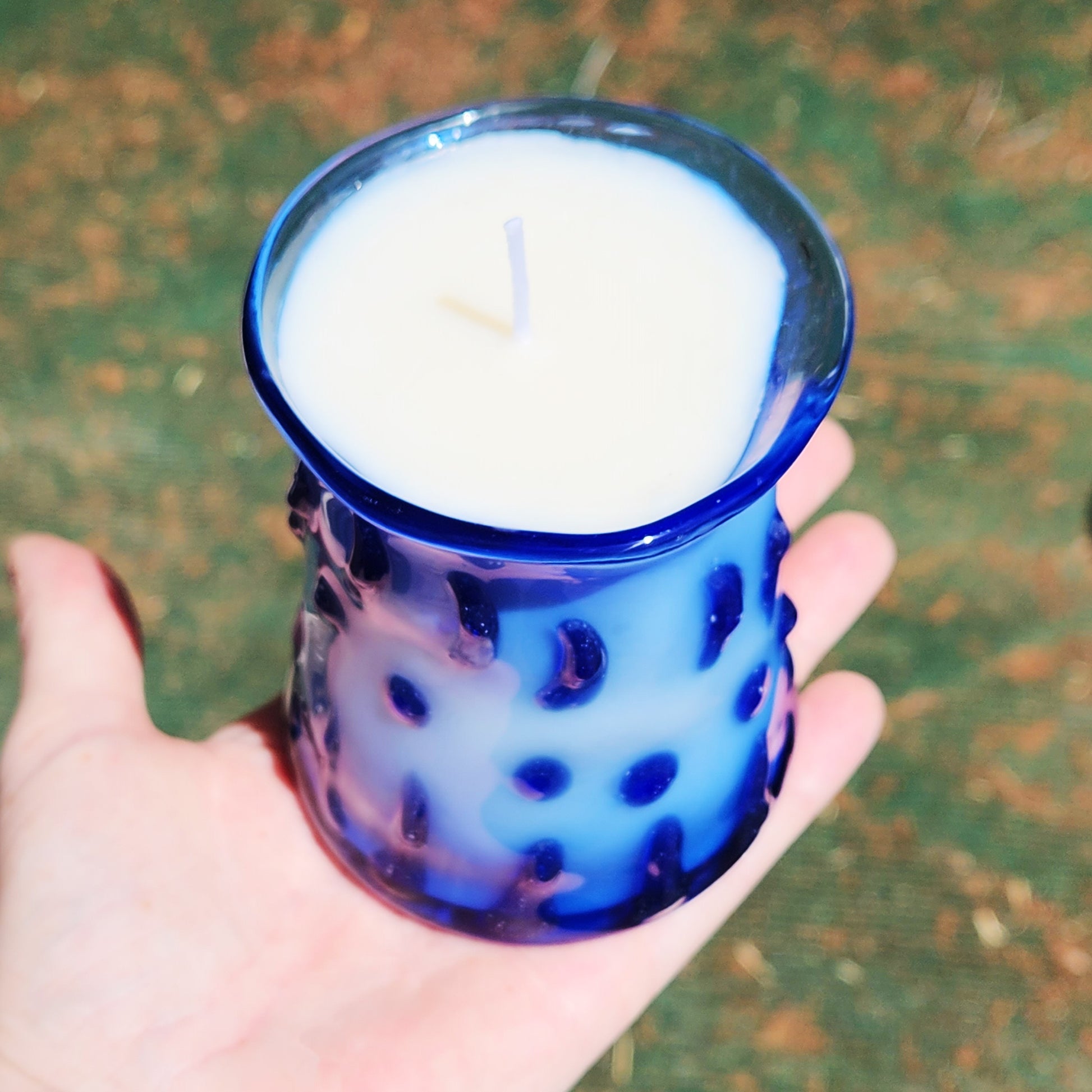 Handcrafted Blue Blown Borosilicate Glass Candle Holder with Soy Wax Candle DragonFireGlass