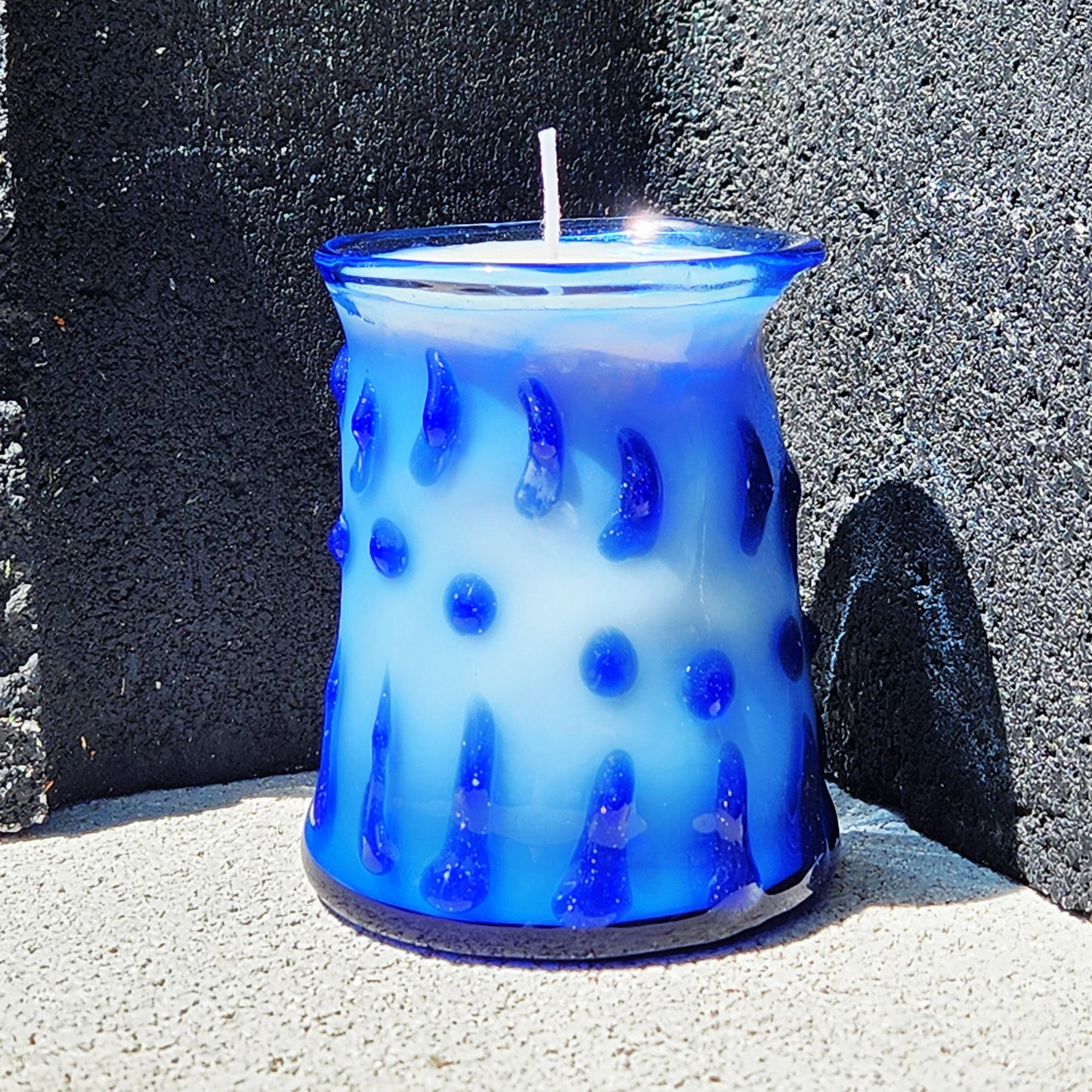 Handcrafted Blue Blown Borosilicate Glass Candle Holder with Soy Wax Candle DragonFireGlass