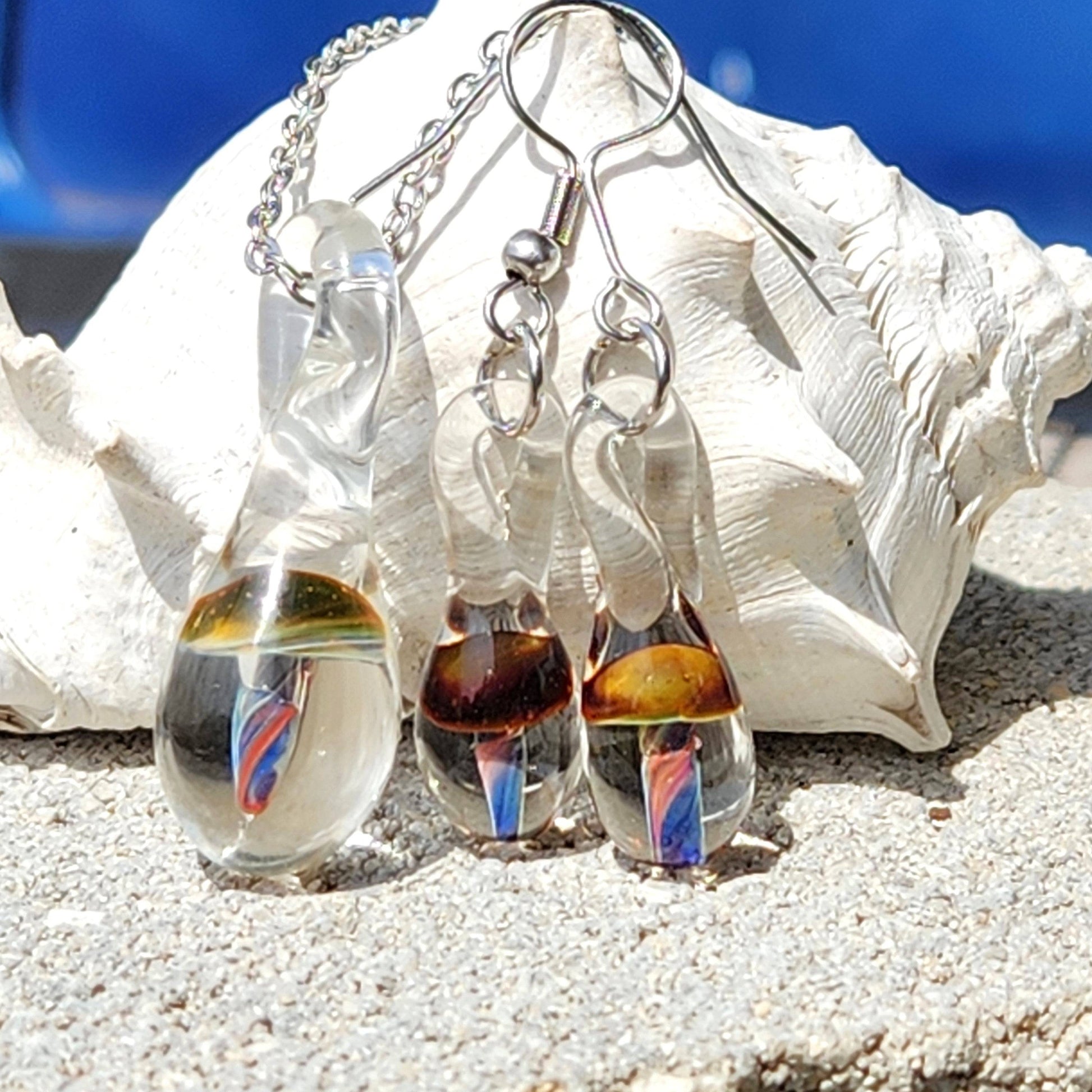 Handmade Glass Mushroom Jewelry Set DragonFireGlass