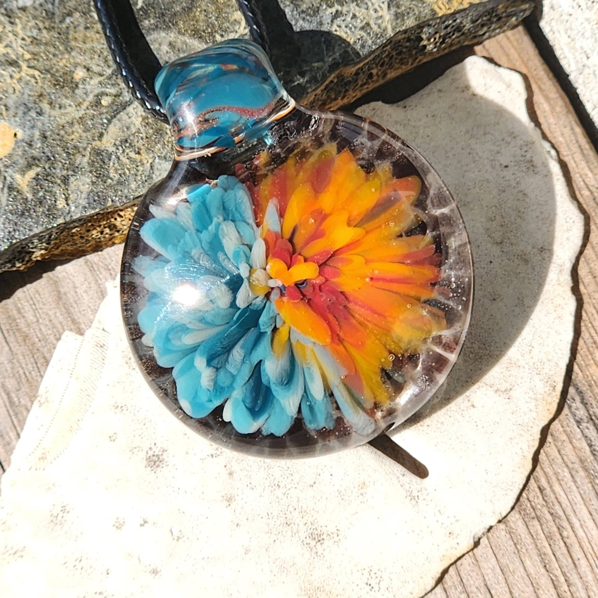 Sunset Swirl Blown Glass Pendant - Side by Side Sunset Reflection DragonFireGlass