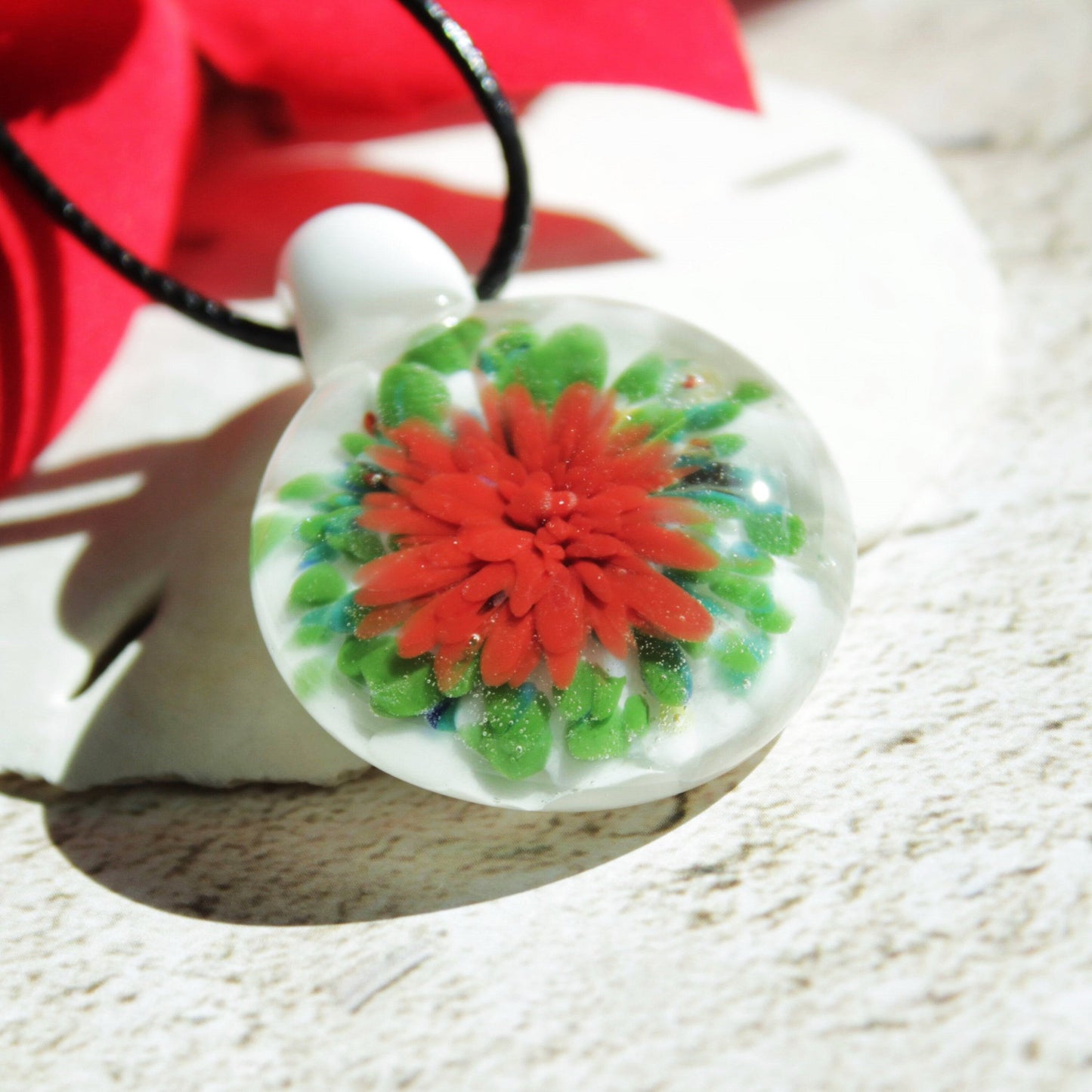 Trippy glass pendant - Red Green White Glass Jewelry