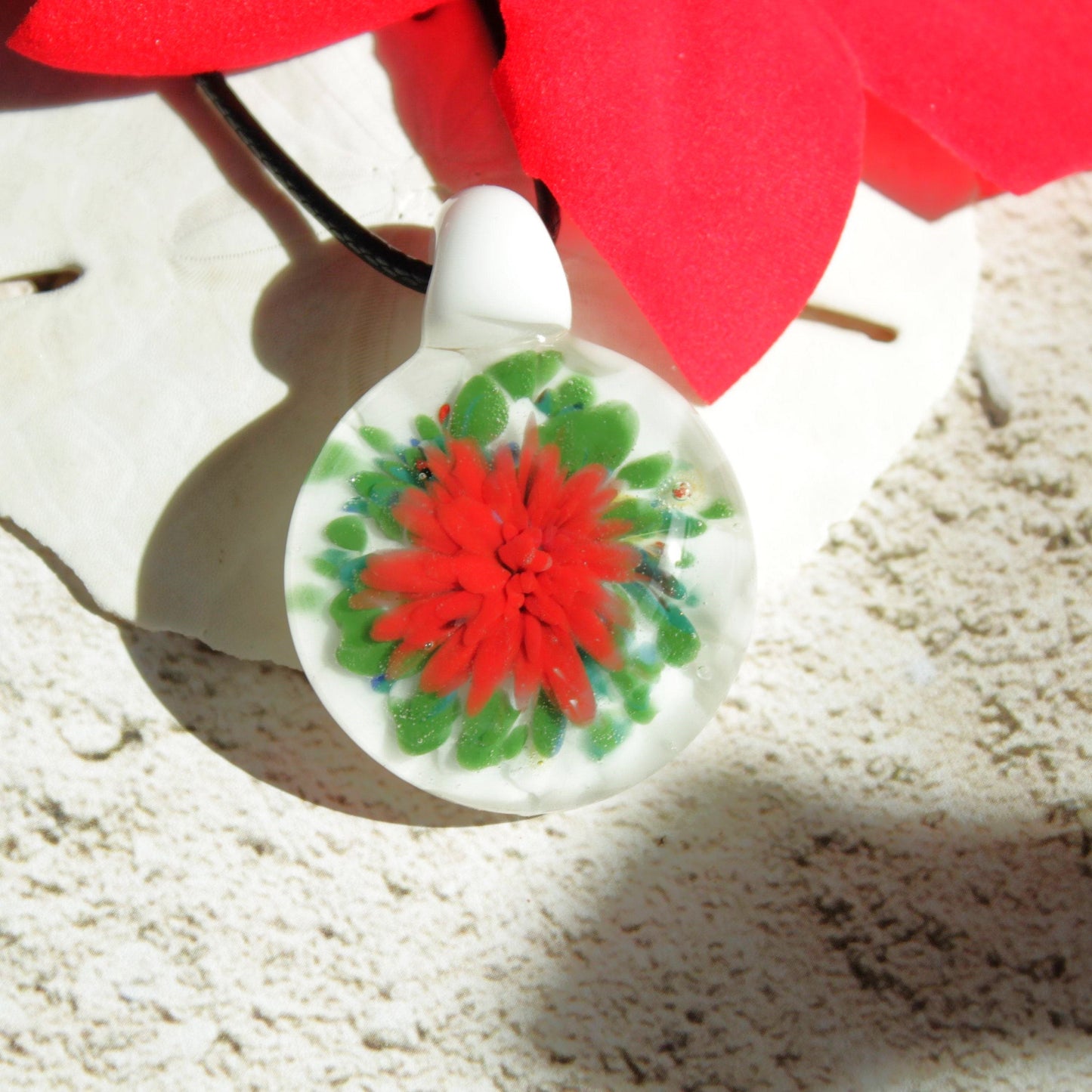 Trippy glass pendant - Red Green White Glass Jewelry