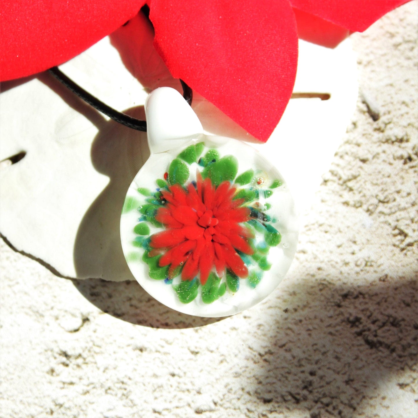 Trippy glass pendant - Red Green White Glass Jewelry